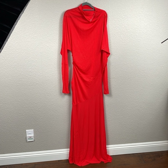 Proenza Schouler Paula Draped Jersey Turtleneck Maxi Dress Red Sheer Sz 12 - Picture 9 of 17